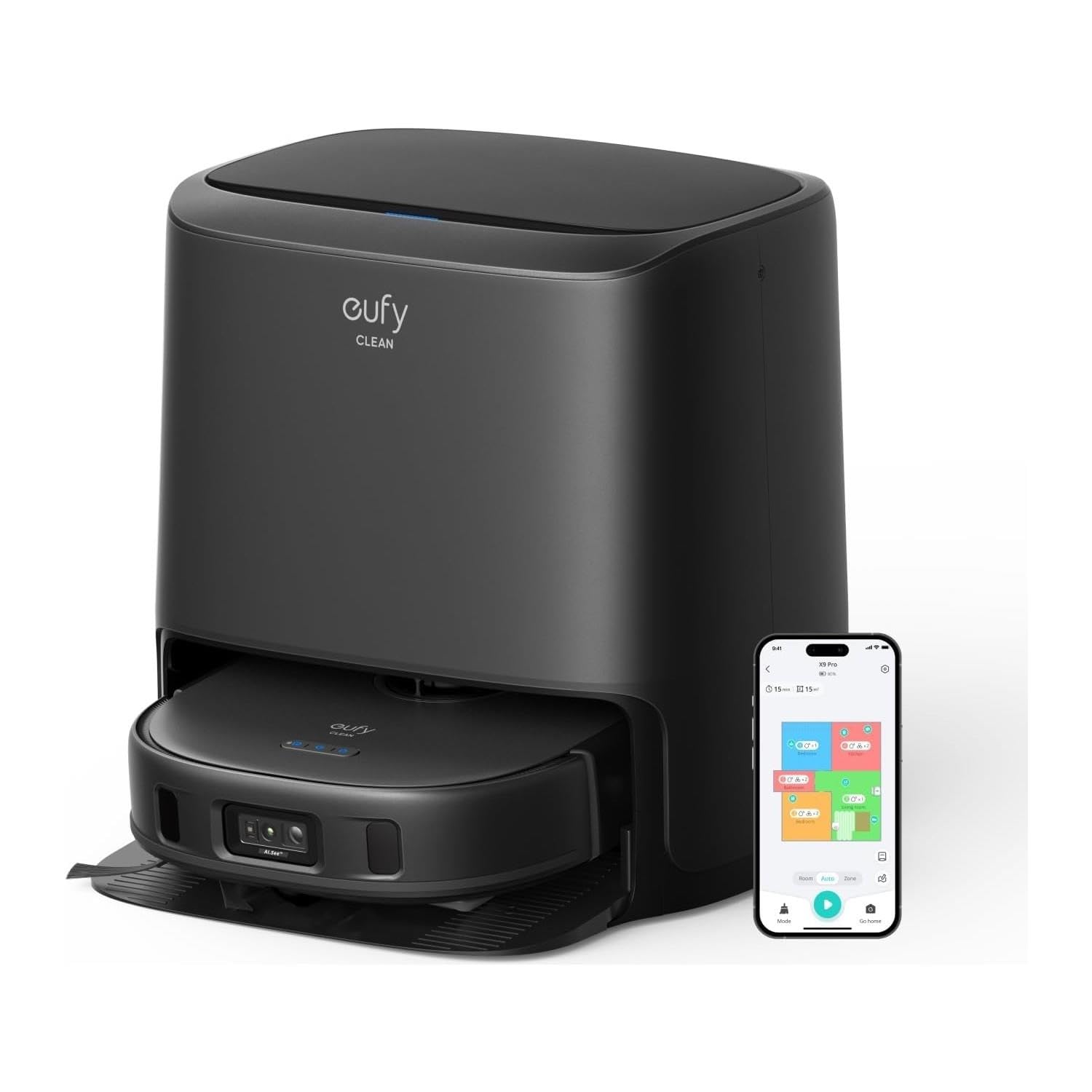 Robot aspirator eufy Clean X9 Pro cu mop si statie de curatare, putere de aspirare 5.500 Pa, 2 mopuri rotativi, curatare si uscare automata a mopului la 40°, detectarea obstacolelor AI