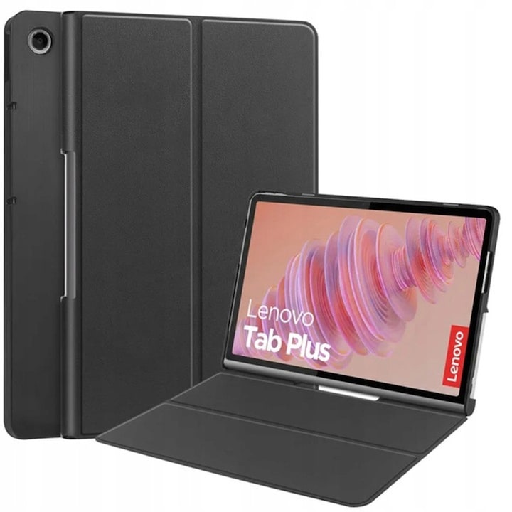 Etui Smart Case STRADO pentru Lenovo Tab Plus TB351FU, negru, cu functie de suport, material plastic si piele ecologica