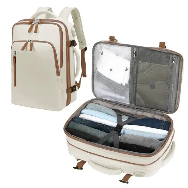 Rucsac de calatorie in material sintetic, extensibil 25–40L cu compartiment laptop 15.6", port USB si doua moduri de purtare, IZO-CJ-K0502-2026-0721-1721, crem cu accente maro