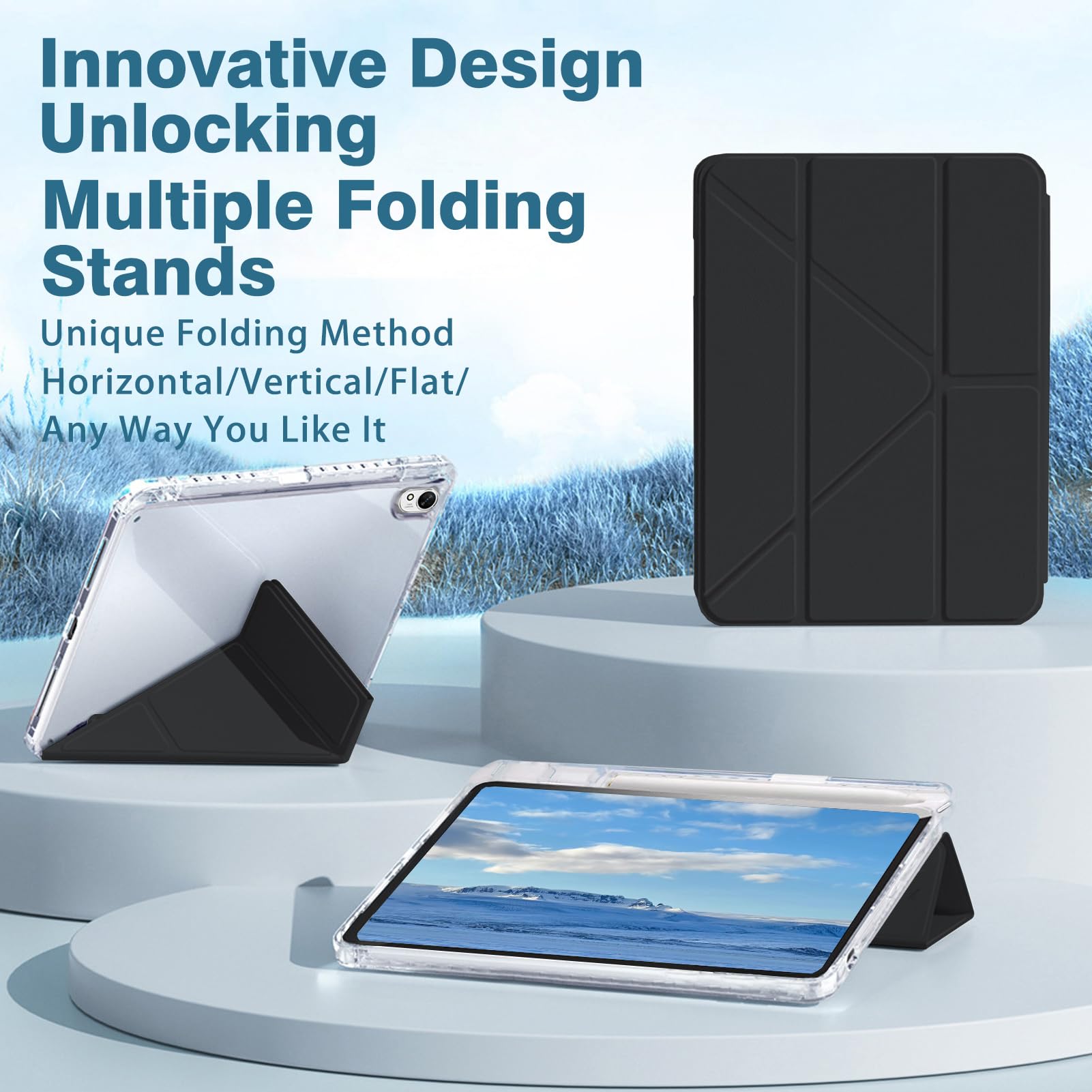 Husa tableta, pentru HUAWEI MatePad 11.5 inch/Air 11.5 inch/11.5S 11.5inch, Triple Fold in forma de Y Design, Multi unghi, Capac de piele pentru tablete cu slot pentru stilou, Trezire automata / somn，Negru, Transparent