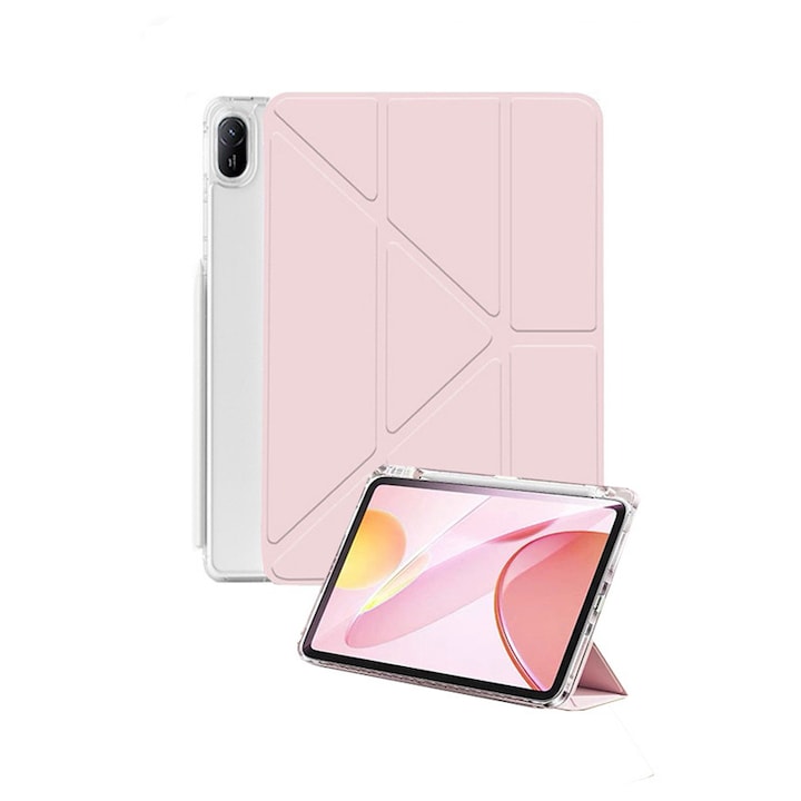 Husa tableta, pentru HUAWEI Matepad SE 11 inch, Triple Fold in forma de Y Design, Multi unghi, Capac de piele pentru tablete cu slot pentru stilou, Trezire automata / somn，Roz transparent