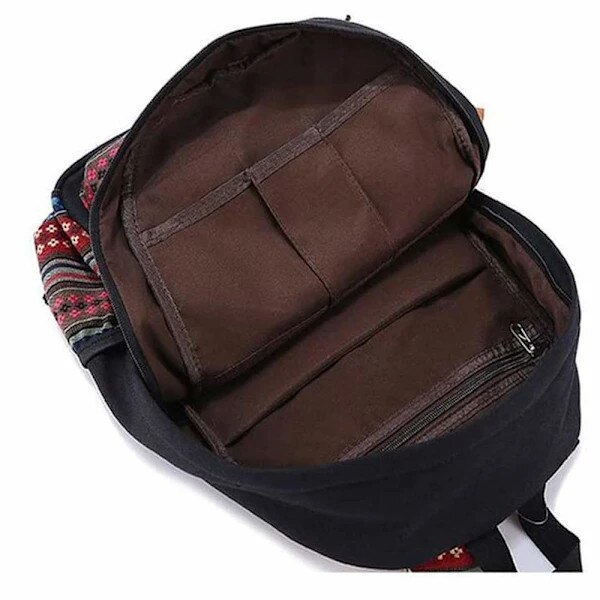 Rucsac/Ghiozdan panza cu compartiment pentru laptop pana la 14 inch, buzunare multiple, spate captusit, Vintage cu dungi colorate, Negru/Multicolor, 43x32x12 cm