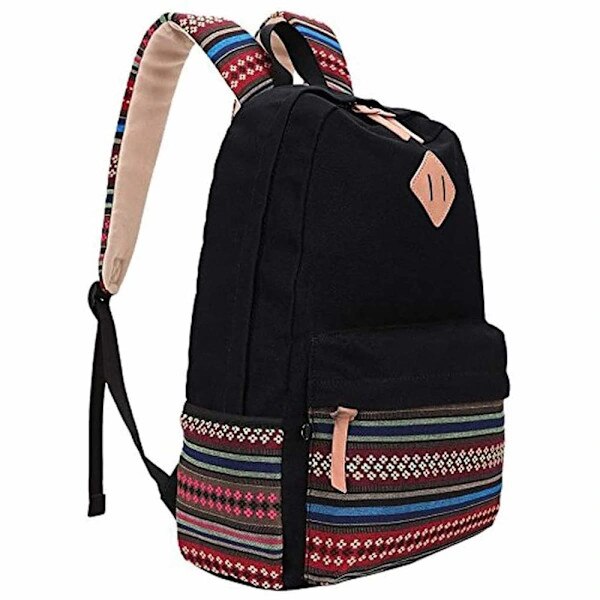 Rucsac/Ghiozdan panza cu compartiment pentru laptop pana la 14 inch, buzunare multiple, spate captusit, Vintage cu dungi colorate, Negru/Multicolor, 43x32x12 cm