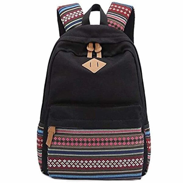 Rucsac/Ghiozdan panza cu compartiment pentru laptop pana la 14 inch, buzunare multiple, spate captusit, Vintage cu dungi colorate, Negru/Multicolor, 43x32x12 cm