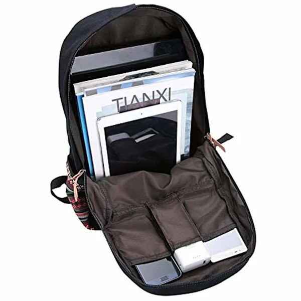 Rucsac/Ghiozdan panza cu compartiment pentru laptop pana la 14 inch, buzunare multiple, spate captusit, Vintage cu dungi colorate, Negru/Multicolor, 43x32x12 cm