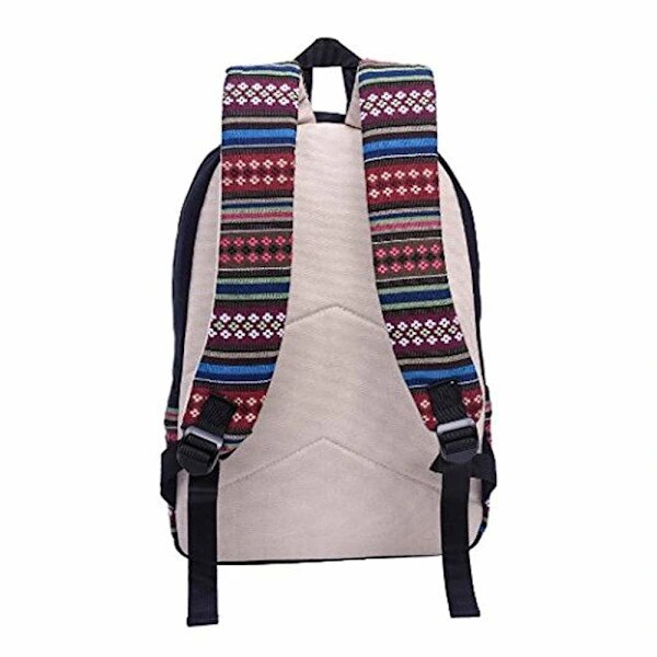 Rucsac/Ghiozdan panza cu compartiment pentru laptop pana la 14 inch, buzunare multiple, spate captusit, Vintage cu dungi colorate, Negru/Multicolor, 43x32x12 cm
