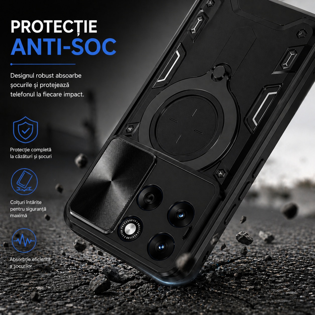 Husa Compatibila cu Motorola Edge 70 Fusion, Antisoc, Inel Rotativ 360, Stand, Protectie Camera, Negru, ALC MOBILE