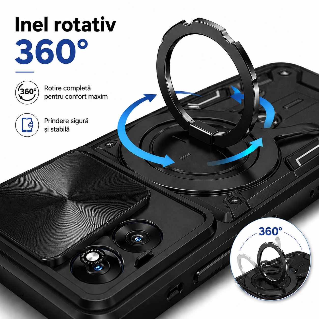Husa Compatibila cu Motorola Edge 70 Fusion, Antisoc, Inel Rotativ 360, Stand, Protectie Camera, Negru, ALC MOBILE