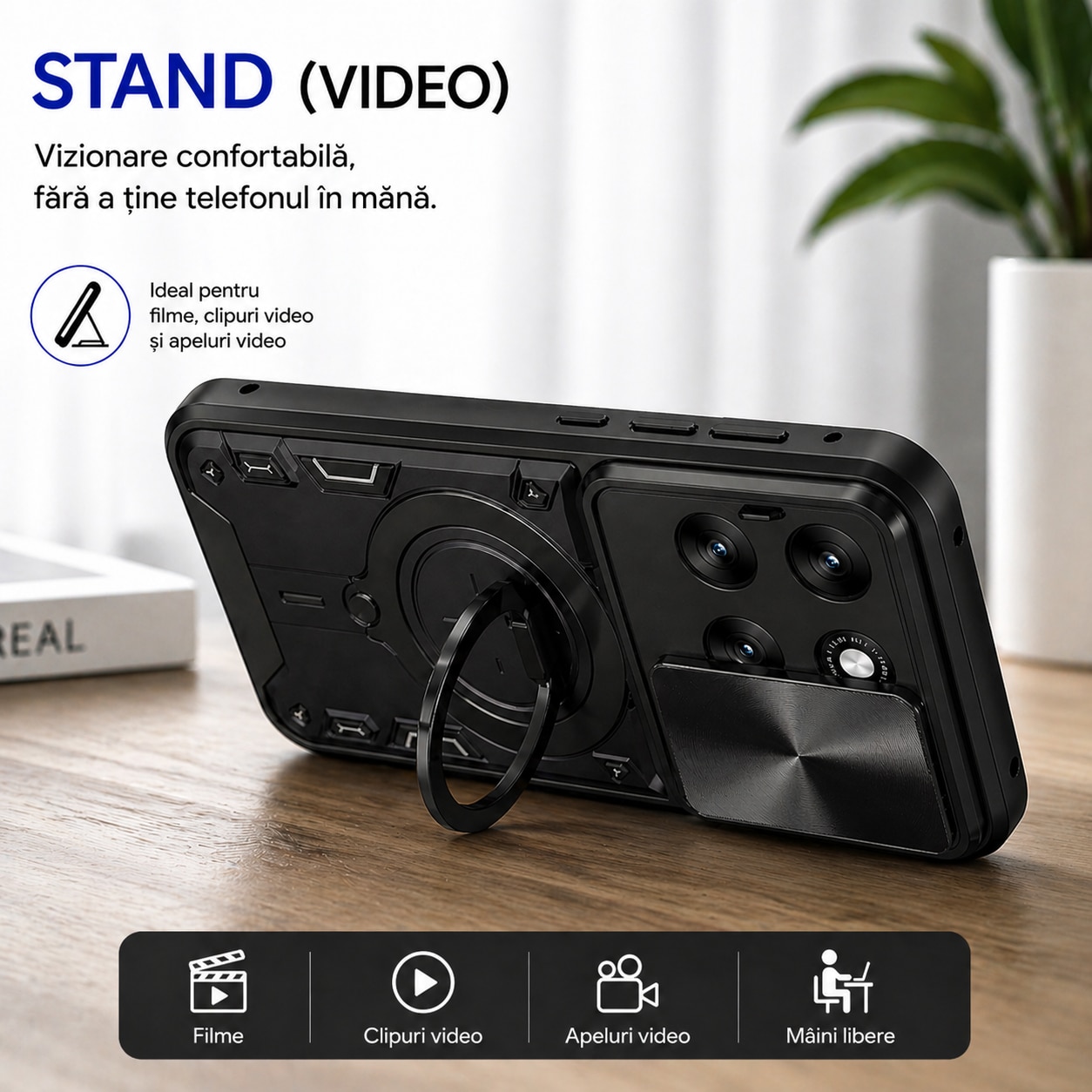 Husa Compatibila cu Motorola Edge 70 Fusion, Antisoc, Inel Rotativ 360, Stand, Protectie Camera, Negru, ALC MOBILE
