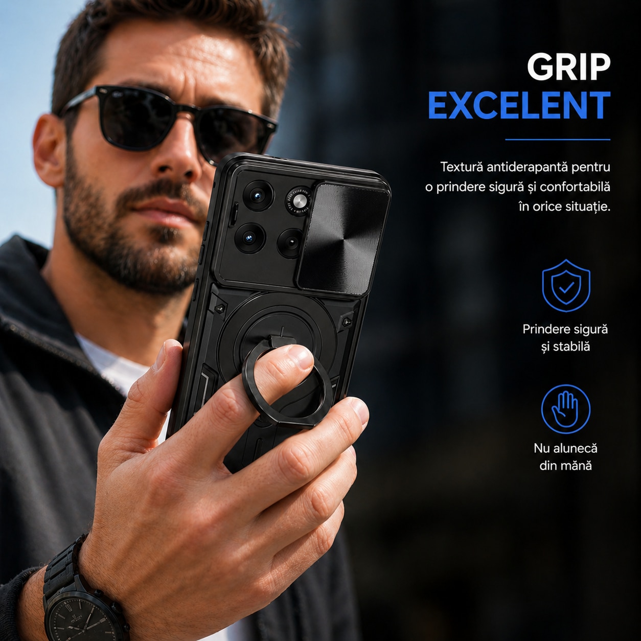 Husa Compatibila cu Motorola Edge 70 Fusion, Antisoc, Inel Rotativ 360, Stand, Protectie Camera, Negru, ALC MOBILE
