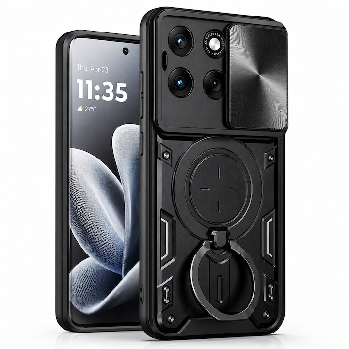 Husa Compatibila cu Motorola Edge 70 Fusion, Antisoc, Inel Rotativ 360, Stand, Protectie Camera, Negru, ALC MOBILE