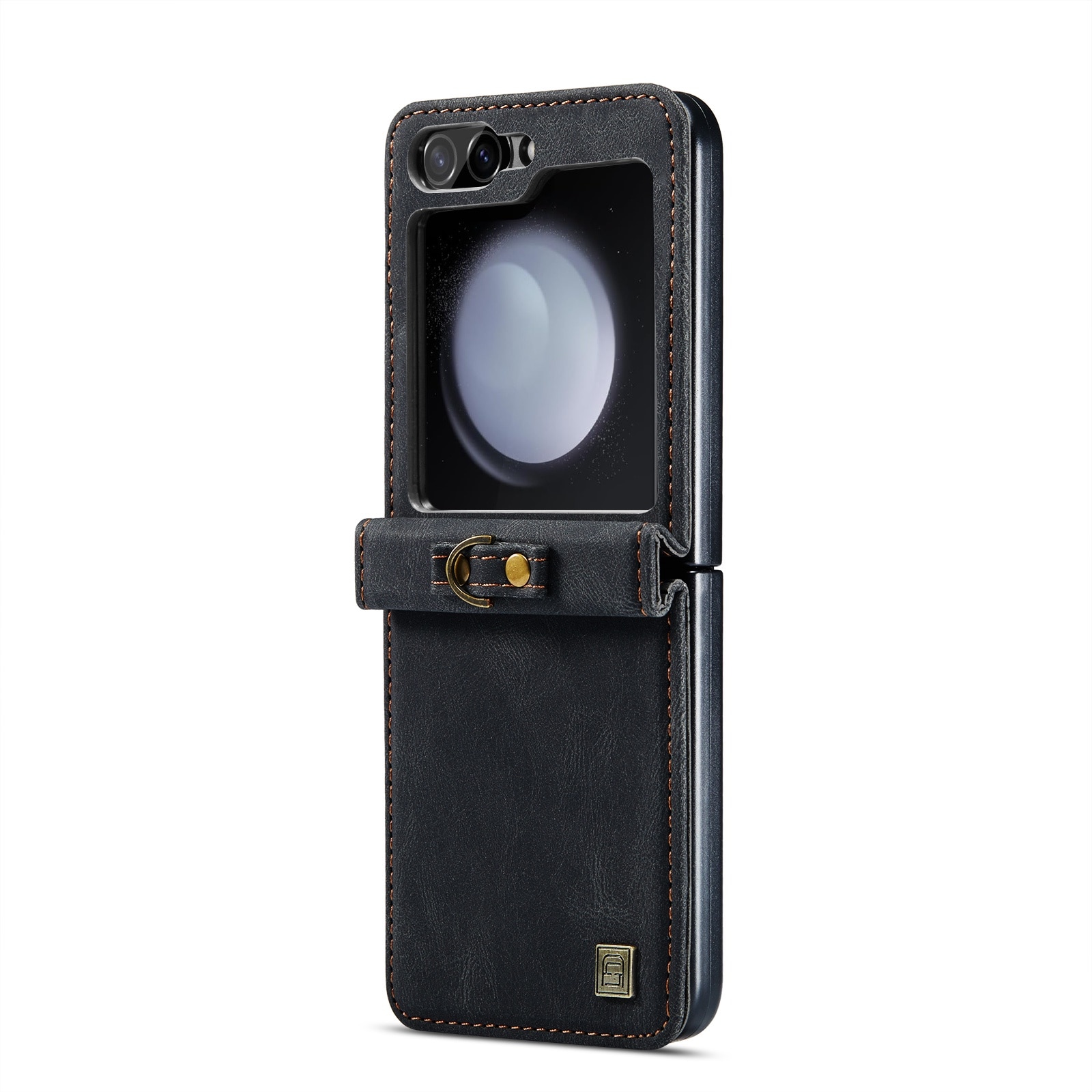 Husa pentru Samsung Galaxy Z Flip6, CaseMe Retro, piele textura moale, tip carcasa, protectie completa, curelusa mana detasabila, Negru