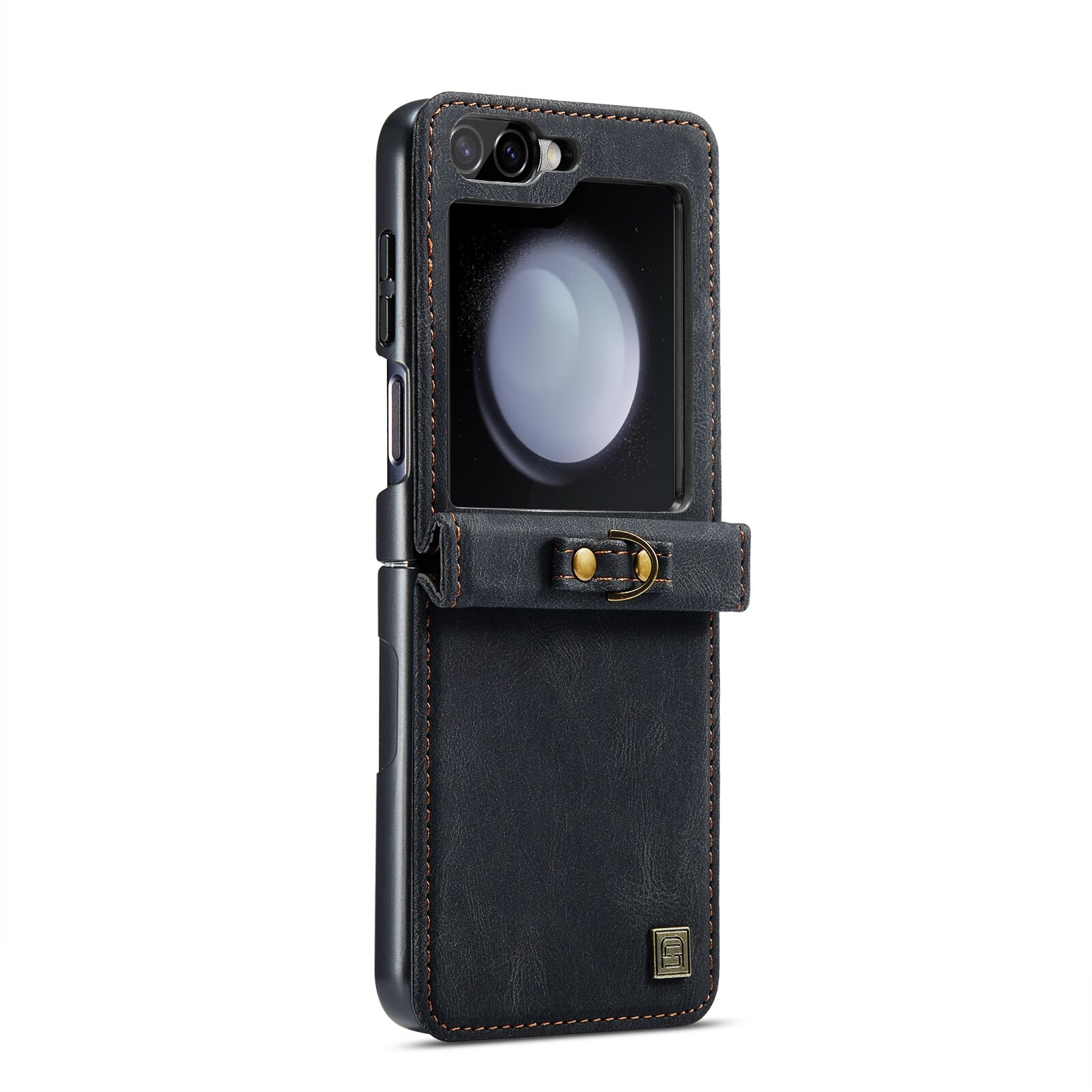 Husa pentru Samsung Galaxy Z Flip6, CaseMe Retro, piele textura moale, tip carcasa, protectie completa, curelusa mana detasabila, Negru
