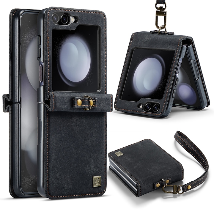 Husa pentru Samsung Galaxy Z Flip6, CaseMe Retro, piele textura moale, tip carcasa, protectie completa, curelusa mana detasabila, Negru