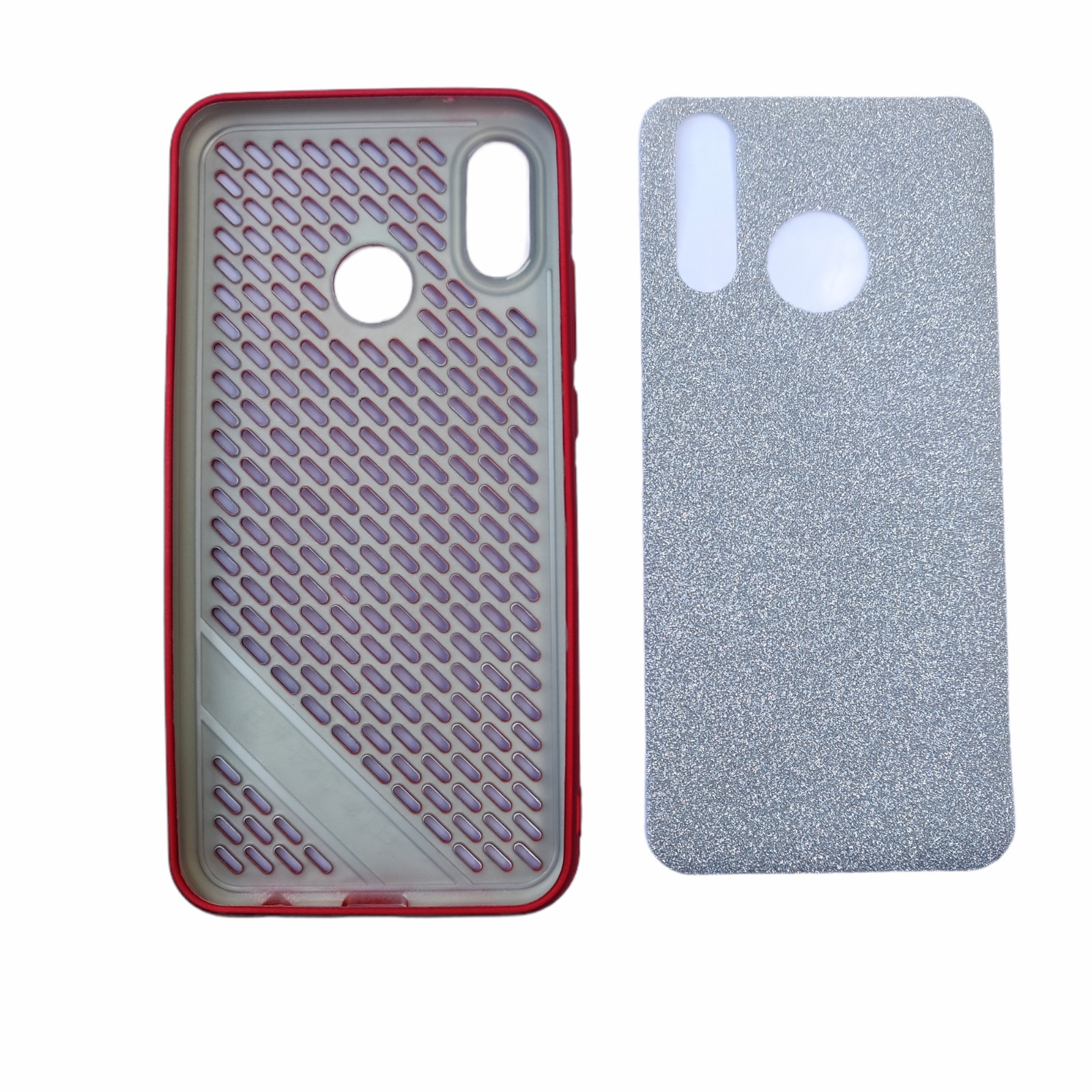 Husa compatibila cu Huawei P20 Lite, Silicon Rosu cu gauri, cu Folie Sclipici Argintiu