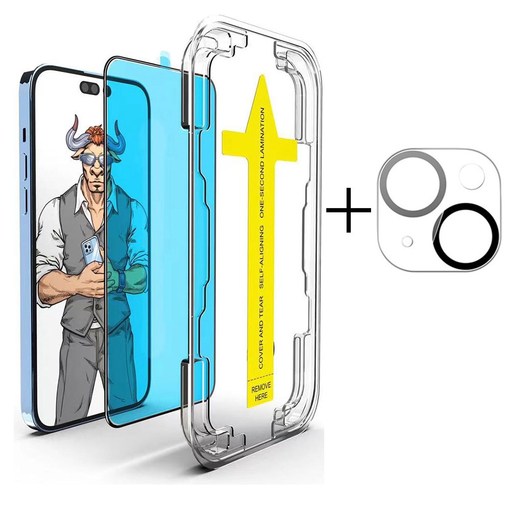 Set 2 folii protectie telefon, Pentru ecran/camera, Compatibil cu iPhone 15 Pro, Usor de instalat in 30 de secunde cu dispozitivul de potrivire automata, Transparent