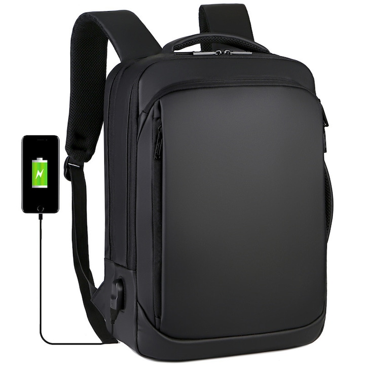 Ghiozdan laptop, AEWOYAD, Fibre sintetice/Lana, 15.6'', Impermeabil 42x30x12 cm, Negru