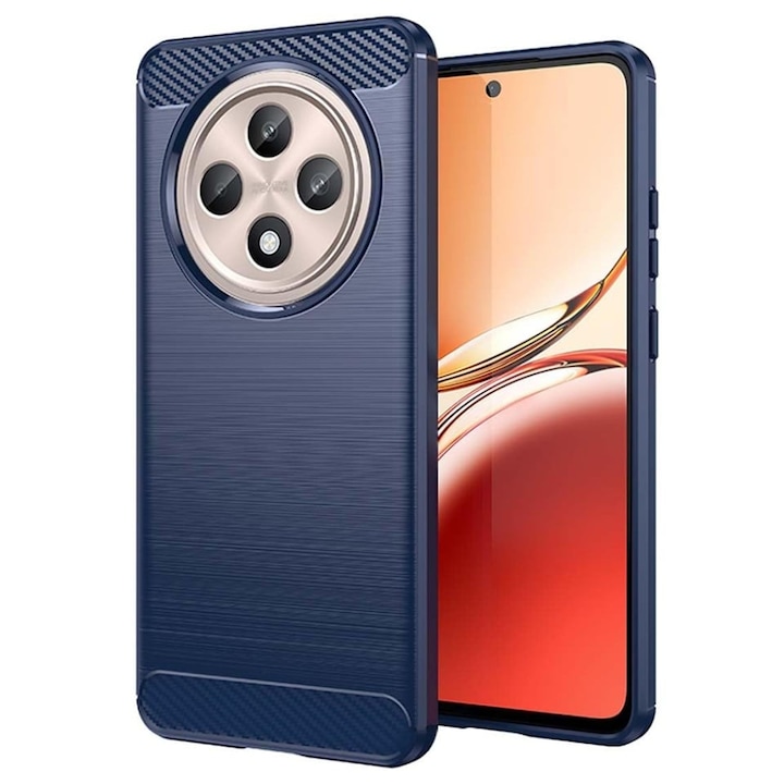 Husa pentru Oppo Reno12 F 5G / Reno12 FS 5G / Reno12 F 4G / Reno12 FS 4G, SKYDDAR INNOVATION, Carbon Silicone, din Silicon Slim, cu textura Fibra Carbon, set cu sticker, Albastru