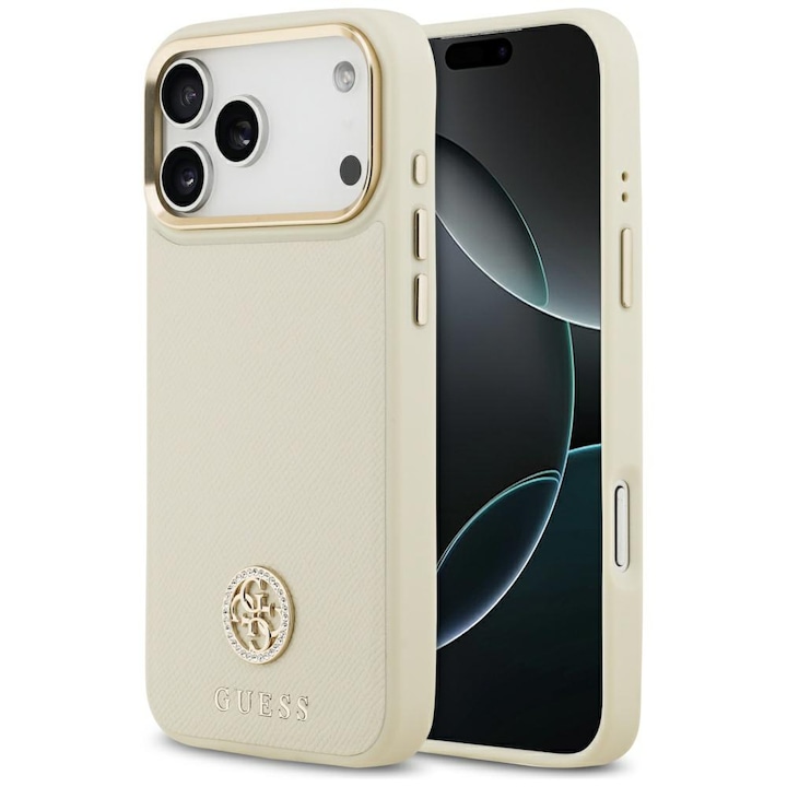 Carcasa Guess Grained Strass Logo cu MagSafe compatibila cu iPhone 17 Pro Max, Bej