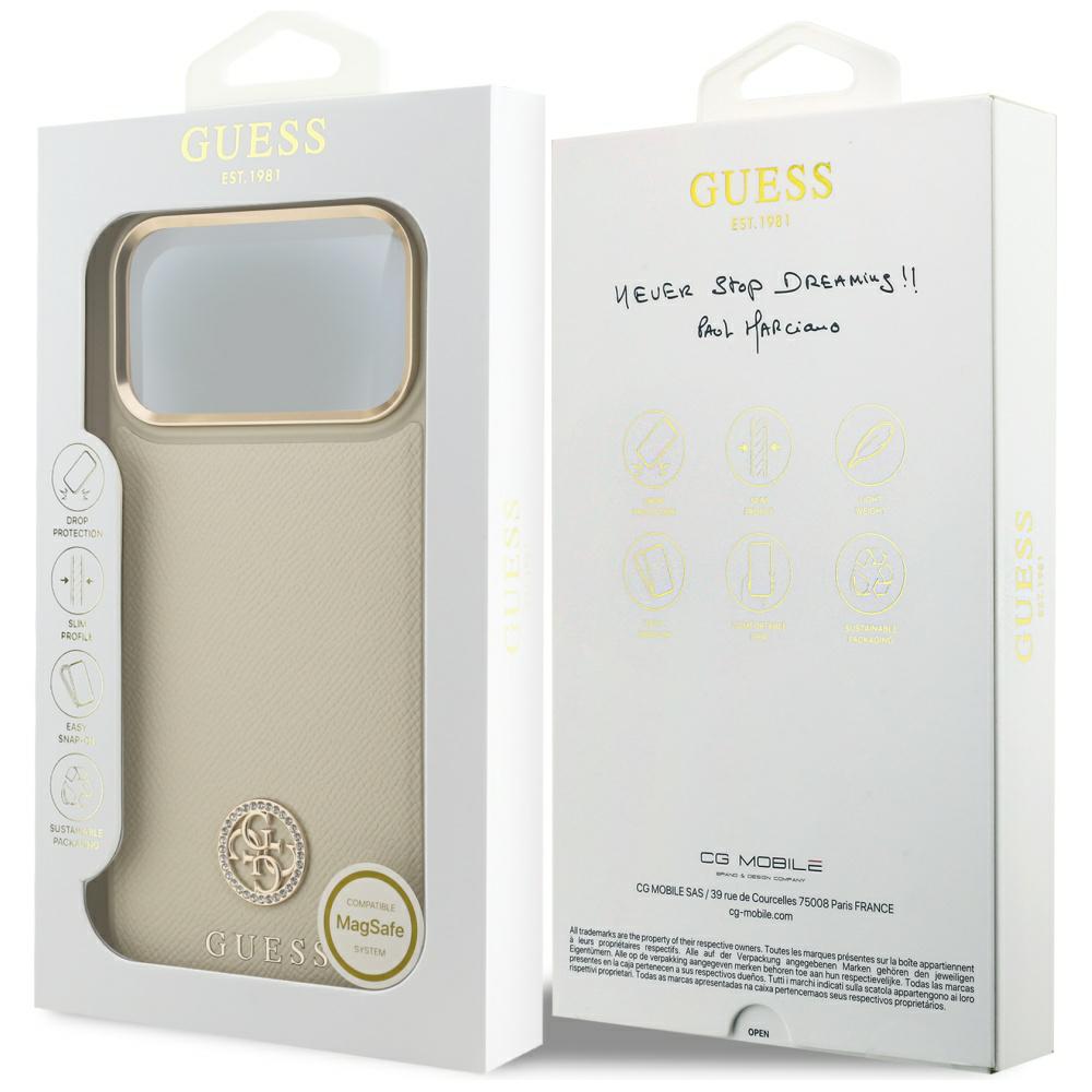 Carcasa Guess Grained Strass Logo cu MagSafe compatibila cu iPhone 17 Pro Max, Bej