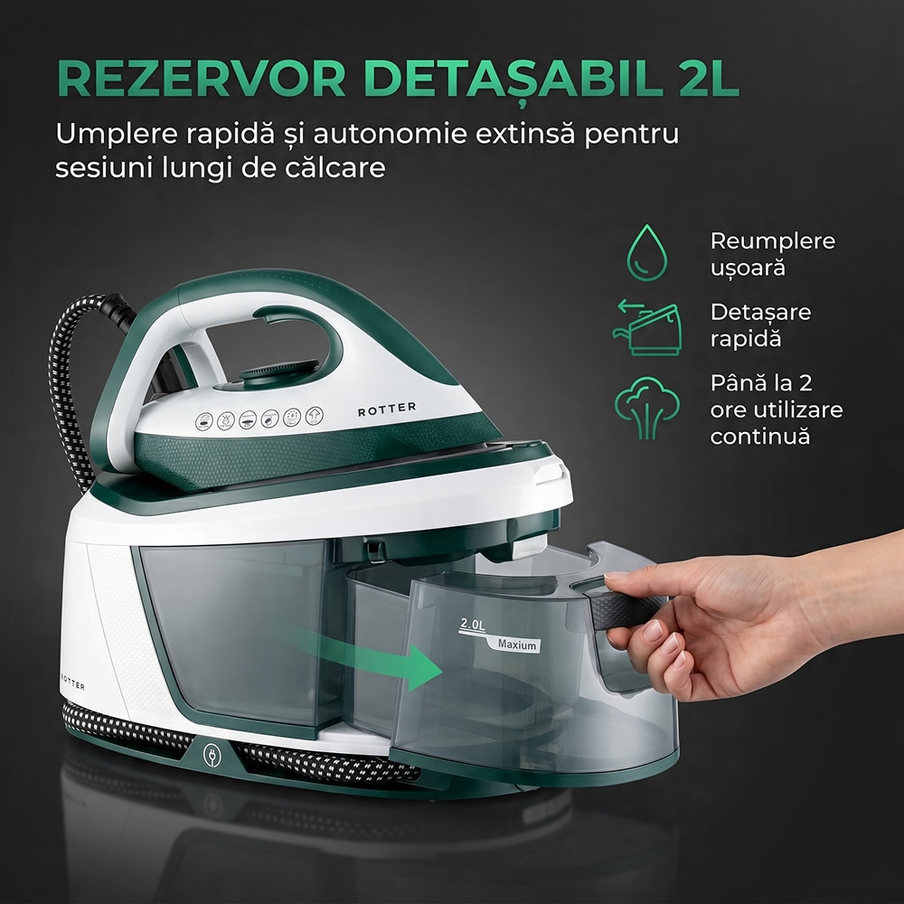 Statie de calcat cu aburi ROTTER® STEAM, Aparat de calcat 3100W, Statie steam 8 bari, Rezervor apa detasabil 2L, Fier cu jet abur 150-200 g/min, Aparat de calcat cu auto-curatare, anti-calcar, Steam calcare verticala, Oprire automata, ECO, Alb/Verde
