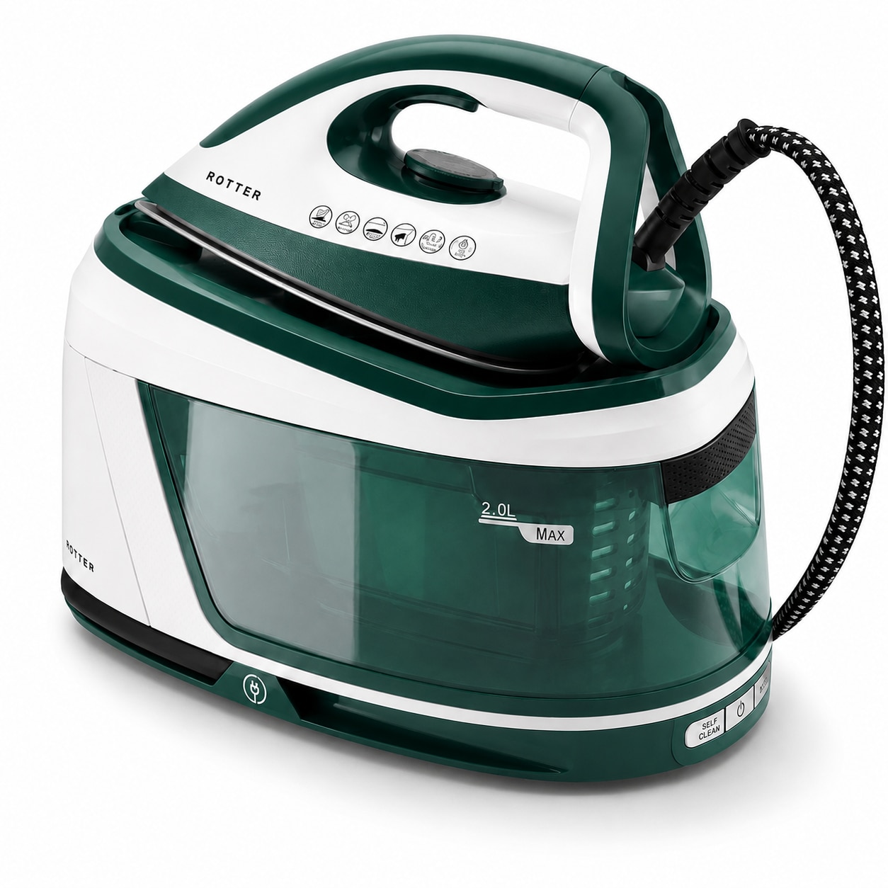Statie de calcat cu aburi ROTTER® STEAM, Aparat de calcat 3100W, Statie steam 8 bari, Rezervor apa detasabil 2L, Fier cu jet abur 150-200 g/min, Aparat de calcat cu auto-curatare, anti-calcar, Steam calcare verticala, Oprire automata, ECO, Alb/Verde