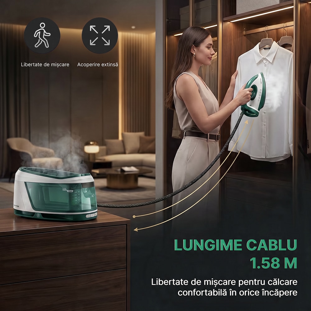 Statie de calcat cu aburi ROTTER® STEAM, Aparat de calcat 3100W, Statie steam 8 bari, Rezervor apa detasabil 2L, Fier cu jet abur 150-200 g/min, Aparat de calcat cu auto-curatare, anti-calcar, Steam calcare verticala, Oprire automata, ECO, Alb/Verde
