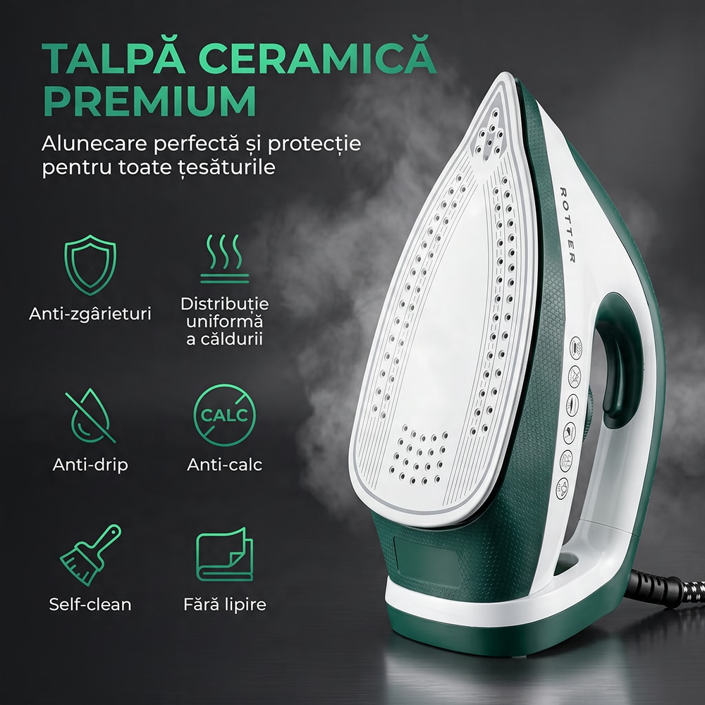 Statie de calcat cu aburi ROTTER® STEAM, Aparat de calcat 3100W, Statie steam 8 bari, Rezervor apa detasabil 2L, Fier cu jet abur 150-200 g/min, Aparat de calcat cu auto-curatare, anti-calcar, Steam calcare verticala, Oprire automata, ECO, Alb/Verde