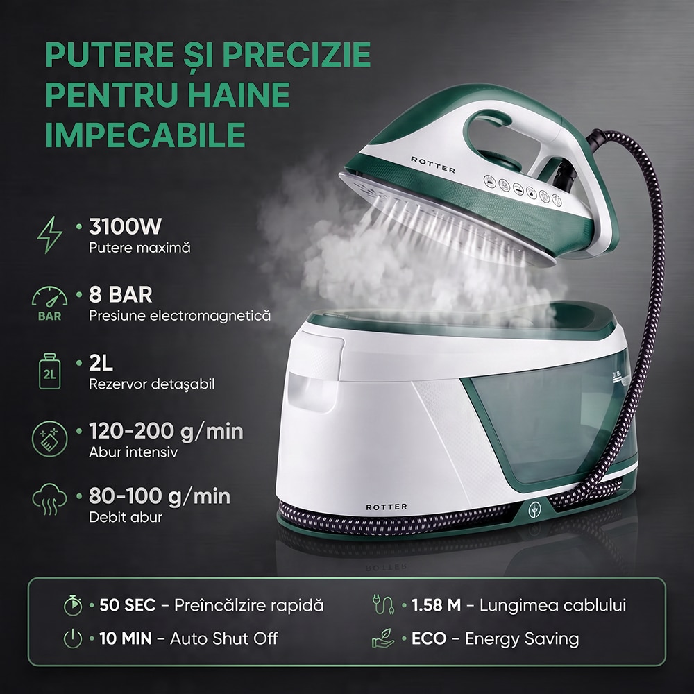 Statie de calcat cu aburi ROTTER® STEAM, Aparat de calcat 3100W, Statie steam 8 bari, Rezervor apa detasabil 2L, Fier cu jet abur 150-200 g/min, Aparat de calcat cu auto-curatare, anti-calcar, Steam calcare verticala, Oprire automata, ECO, Alb/Verde