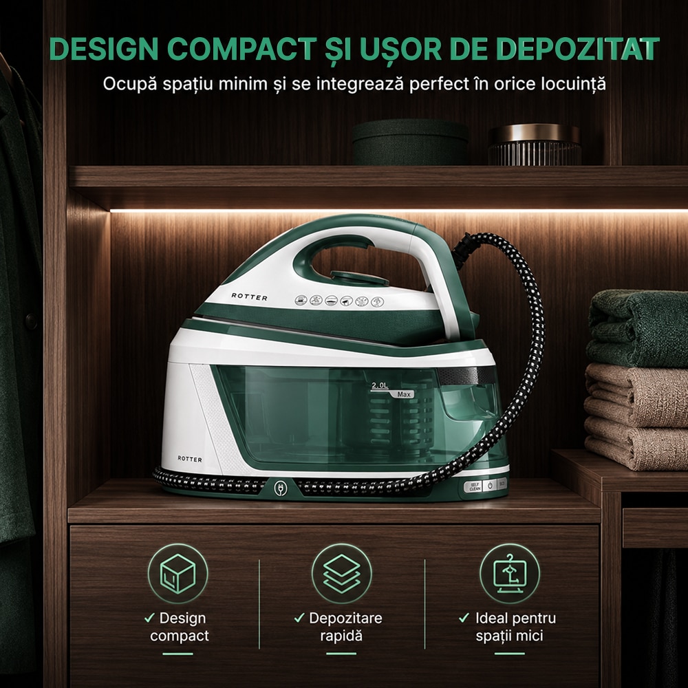 Statie de calcat cu aburi ROTTER® STEAM, Aparat de calcat 3100W, Statie steam 8 bari, Rezervor apa detasabil 2L, Fier cu jet abur 150-200 g/min, Aparat de calcat cu auto-curatare, anti-calcar, Steam calcare verticala, Oprire automata, ECO, Alb/Verde