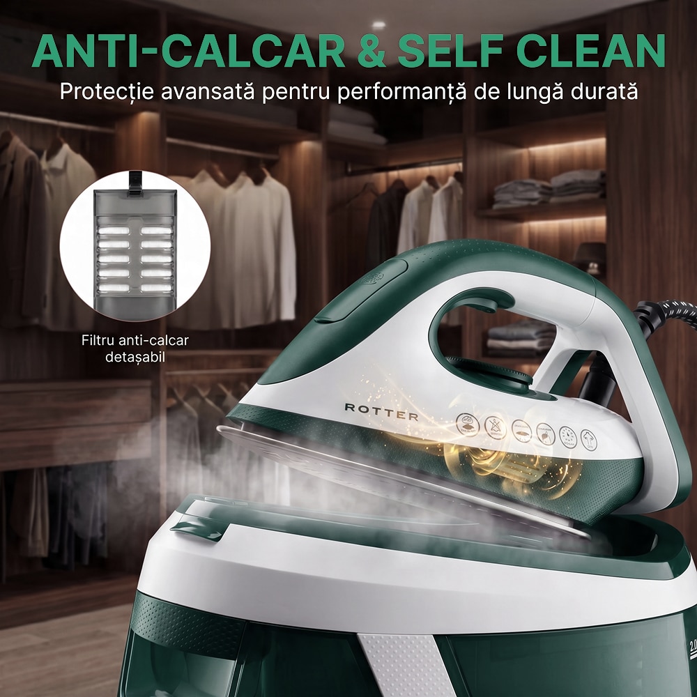 Statie de calcat cu aburi ROTTER® STEAM, Aparat de calcat 3100W, Statie steam 8 bari, Rezervor apa detasabil 2L, Fier cu jet abur 150-200 g/min, Aparat de calcat cu auto-curatare, anti-calcar, Steam calcare verticala, Oprire automata, ECO, Alb/Verde
