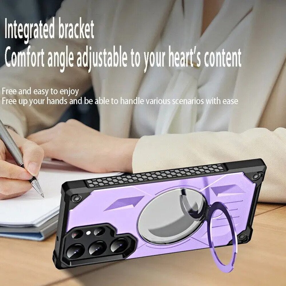 Husa Ring Stand G-Tech, Compatibila cu Samsung Galaxy S22 Ultra, Antisoc Defender, Compatibila cu incarcarea wireless MagSafe, Functie stand, Policarbonat, Mov