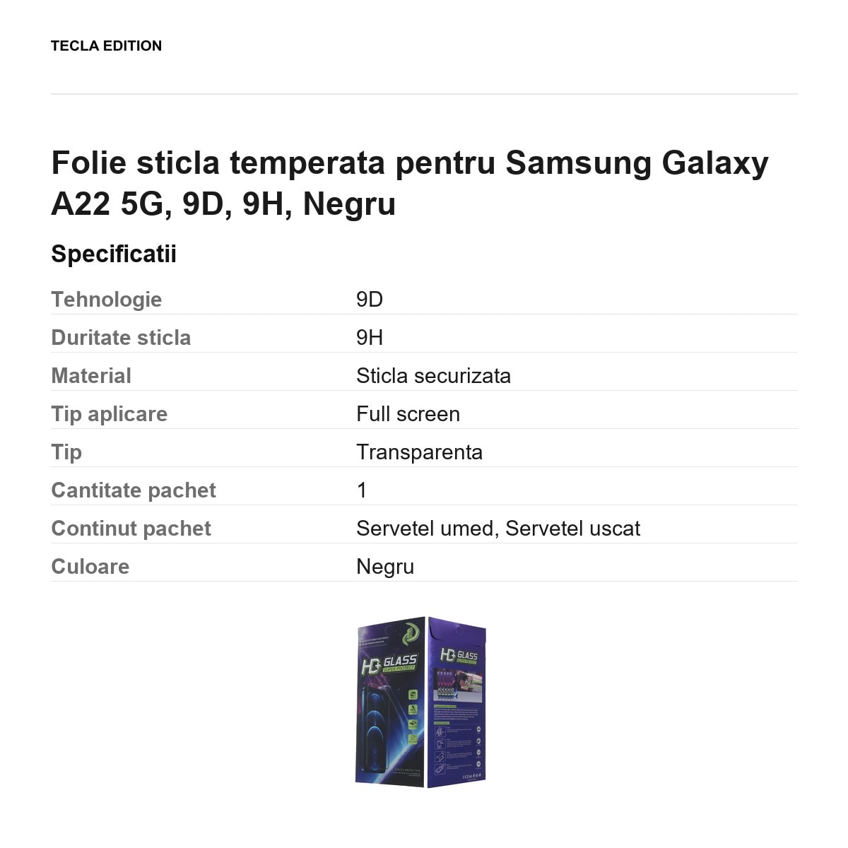 Folie sticla temperata pentru Samsung Galaxy A22 5G, 9D, 9H, Negru