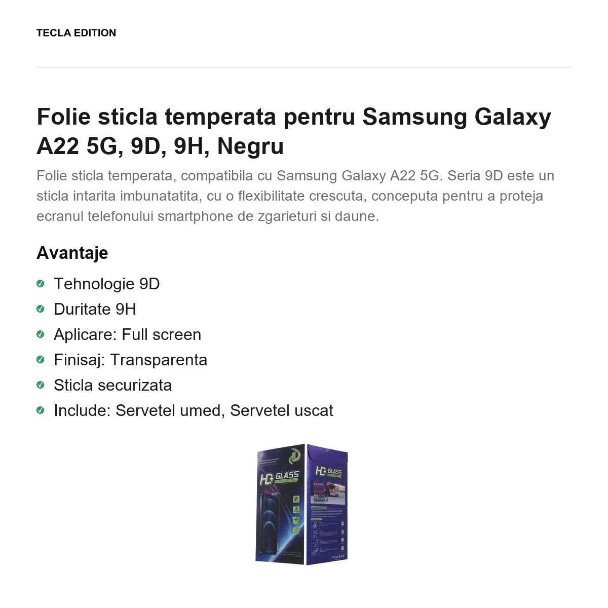 Folie sticla temperata pentru Samsung Galaxy A22 5G, 9D, 9H, Negru