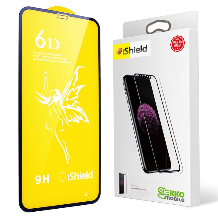 Folie sticla pentru iPhone 11 - Tempered Glass MAGIC 6D, Full Glue, protectie ecran, transparenta cu margini negre, usor curbate iShield® Contur negru Transparenta