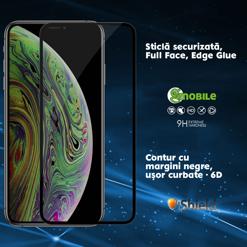 Folie sticla pentru iPhone 11 - Tempered Glass MAGIC 6D, Full Glue, protectie ecran, transparenta cu margini negre, usor curbate iShield® Contur negru Transparenta
