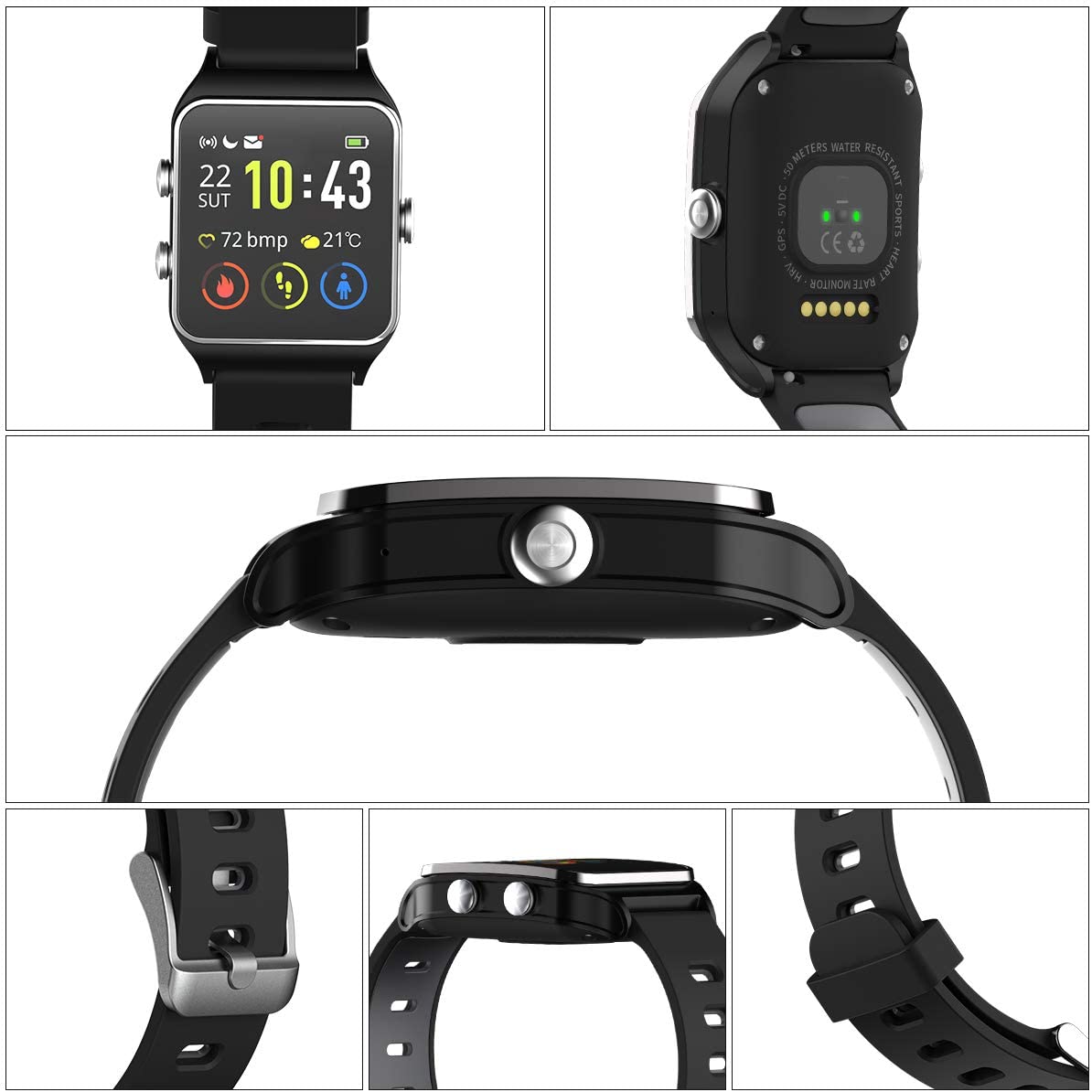 Ceas Smartwatch HolyHigh P1C, HR, GPS, Silicon, IP68, Black