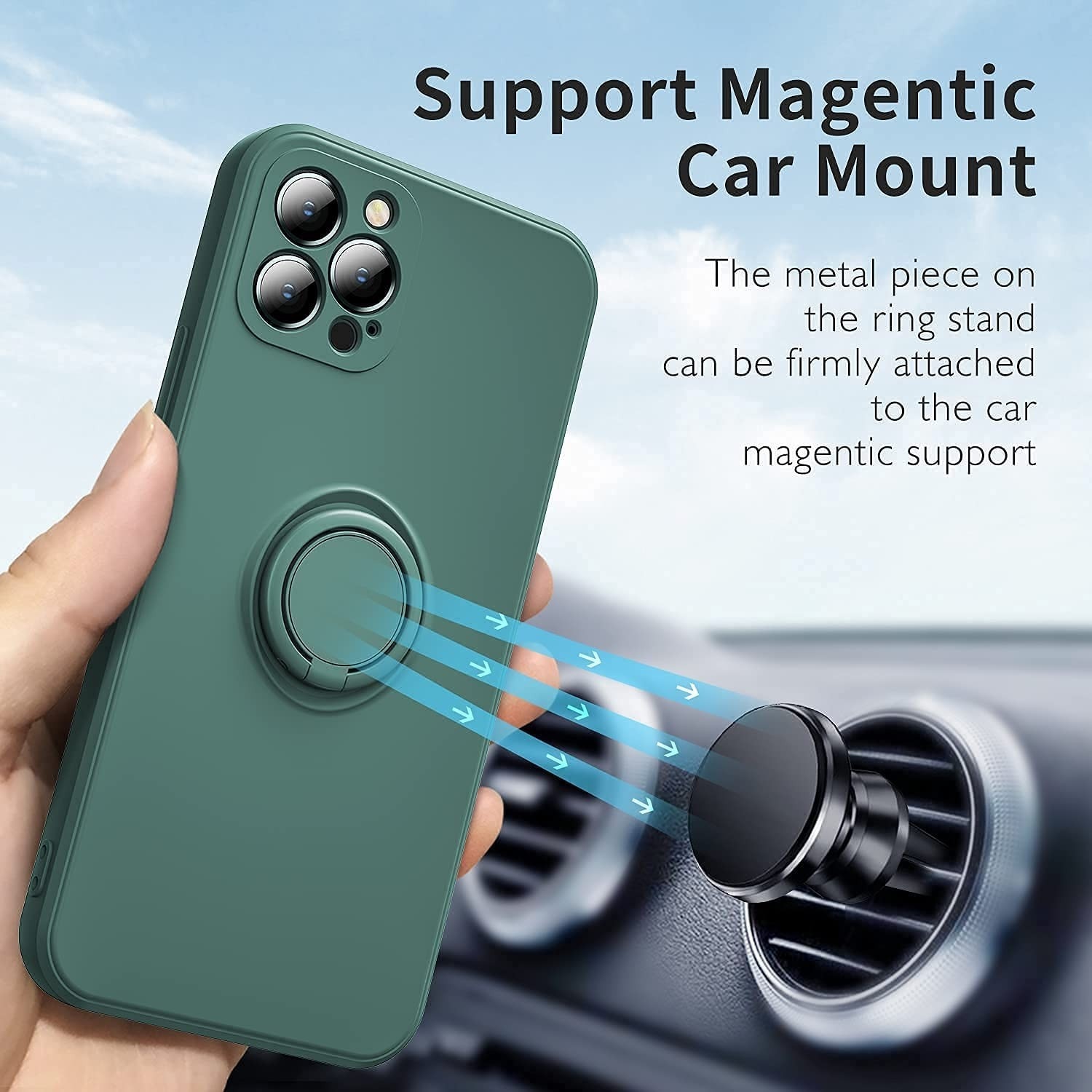 Husa protectie Flippy compatibila cu Apple iPhone 13 Liquid Silicone Ring cu suport rotativ Verde