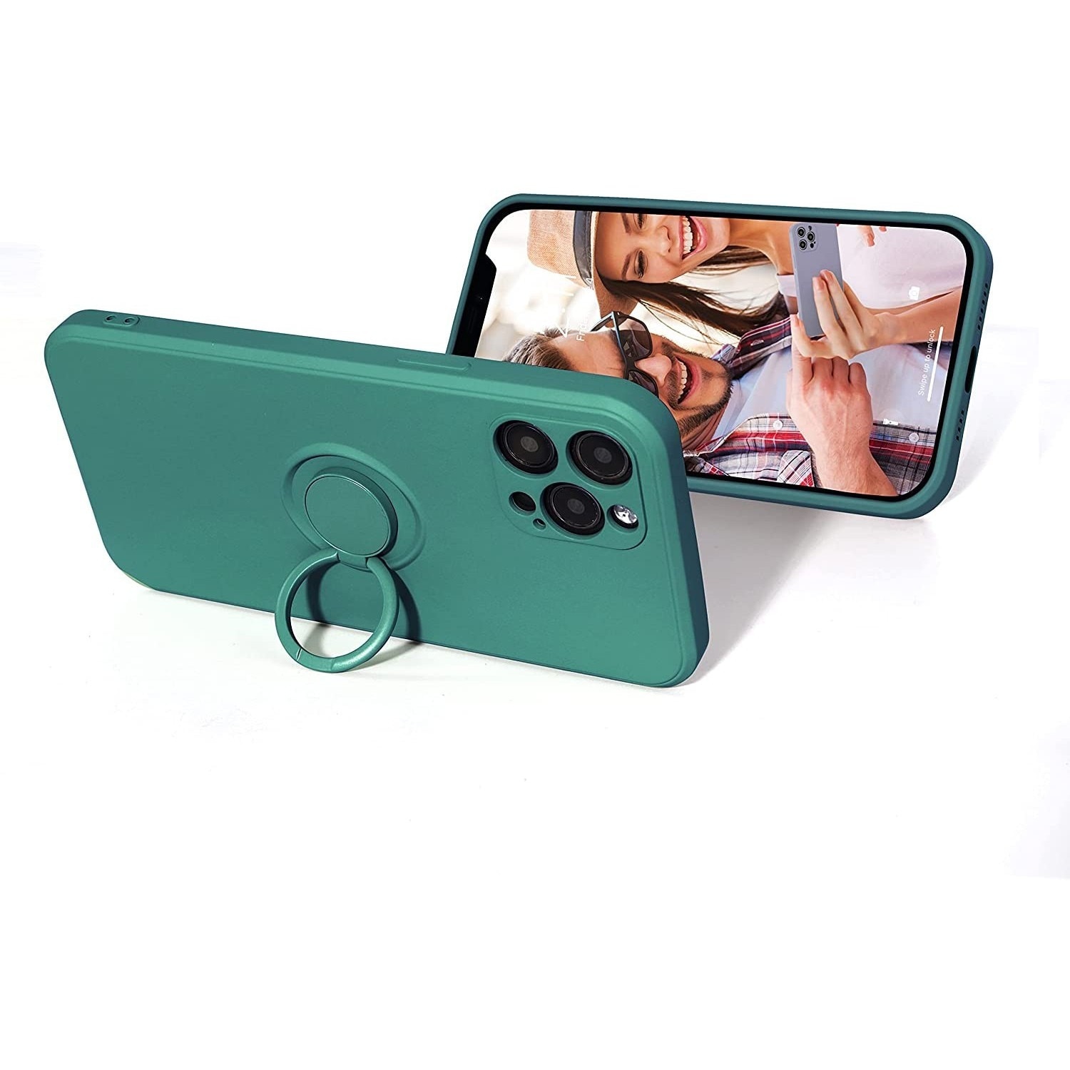 Husa protectie Flippy compatibila cu Apple iPhone 13 Liquid Silicone Ring cu suport rotativ Verde