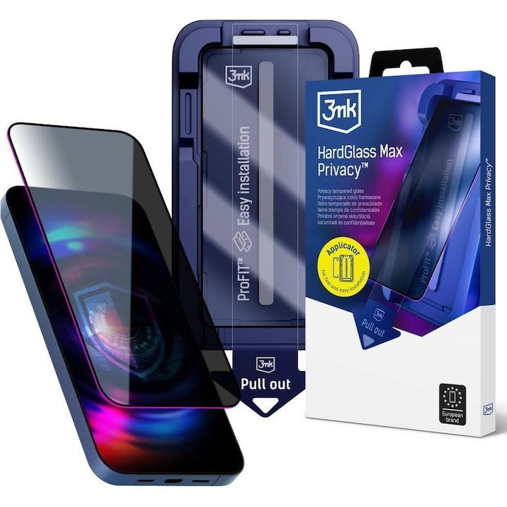 Folie din sticla temperata 3MK HardGlass Max Privacy, filtru de confidentialitate Full Cover, 9H, cadru negru, compatibil Apple iPhone 15/16, 0,3 mm