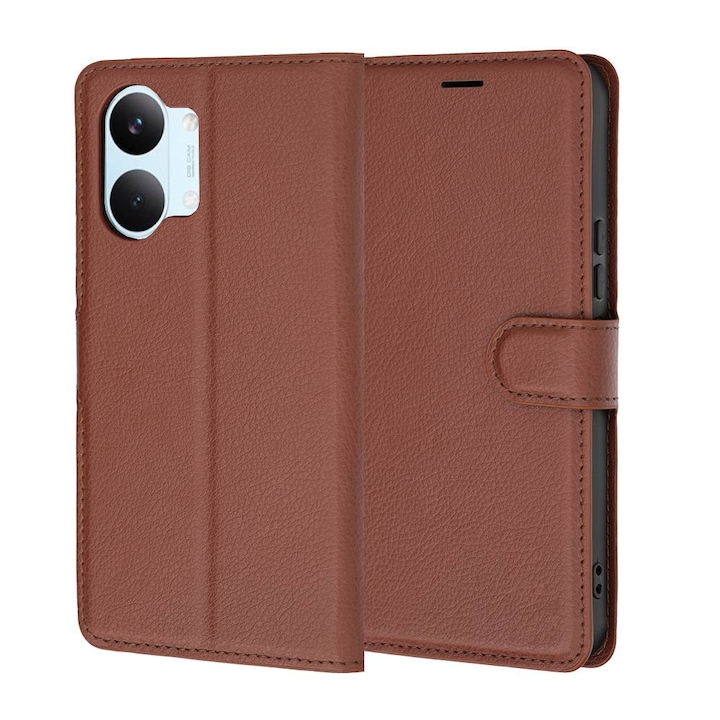 Husa pentru Poco X8 Pro Max tip carte cu inchidere magnetica, compartimente pentru carduri si functie stand, maro