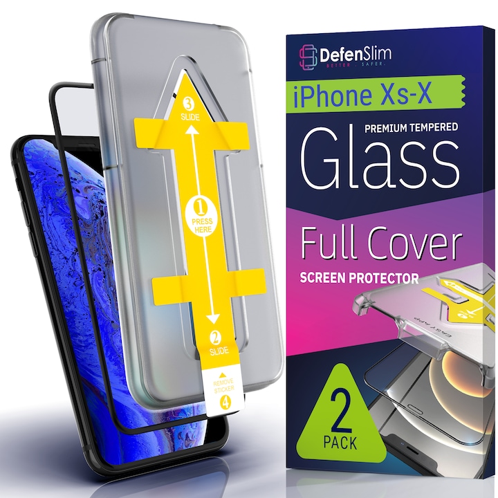 Set 2 Folii sticla pentru iPhone XS / X, Full Cover 3D, DefenSlim, instalare usoara si rapida cu dispozitiv de potrivire automata in 30 sec cu Easy Install Kit patentat, protectie telefon