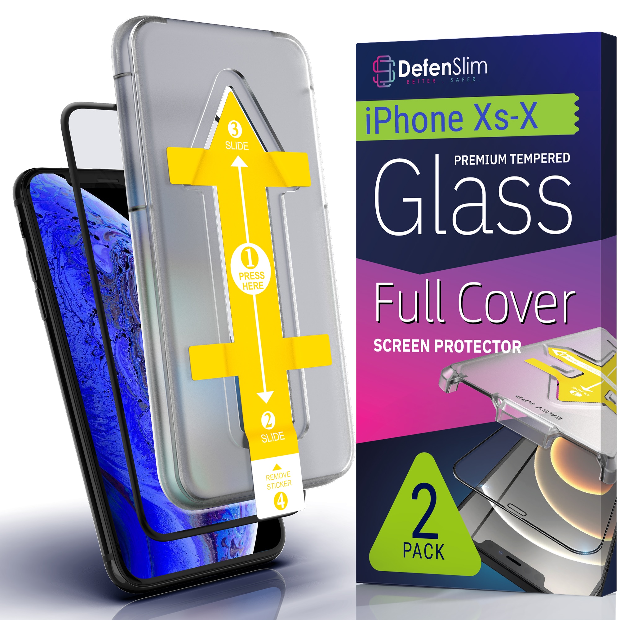 Set 2 Folii sticla pentru iPhone XS / X, Full Cover 3D, DefenSlim, instalare usoara si rapida cu dispozitiv de potrivire automata in 30 sec cu Easy Install Kit patentat, protectie telefon