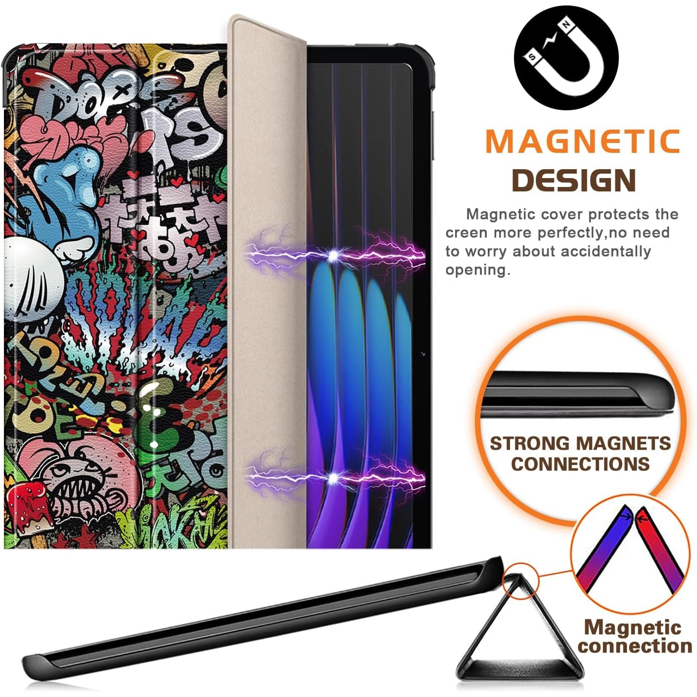 Husa Sigloo pentru tableta Xiaomi Pad 7 7 Pro/ 8/ 8 Pro, 11.2" (2024) – Slim, Tri-Fold Magnetic, Piele Ecologica, Suport Stand, Antisoc – model Graffiti