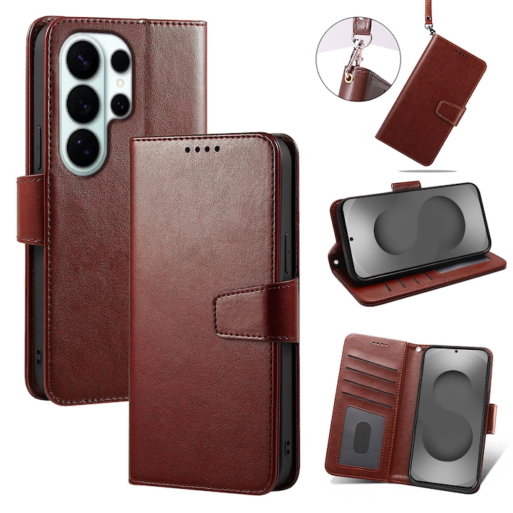 Husa pentru Samsung Galaxy S26 Ultra, Omelivon, piele fina, Diary Book, tip carte, cu Portofel Interior, stand, Inchidere Magnetica, Antisoc, Maro