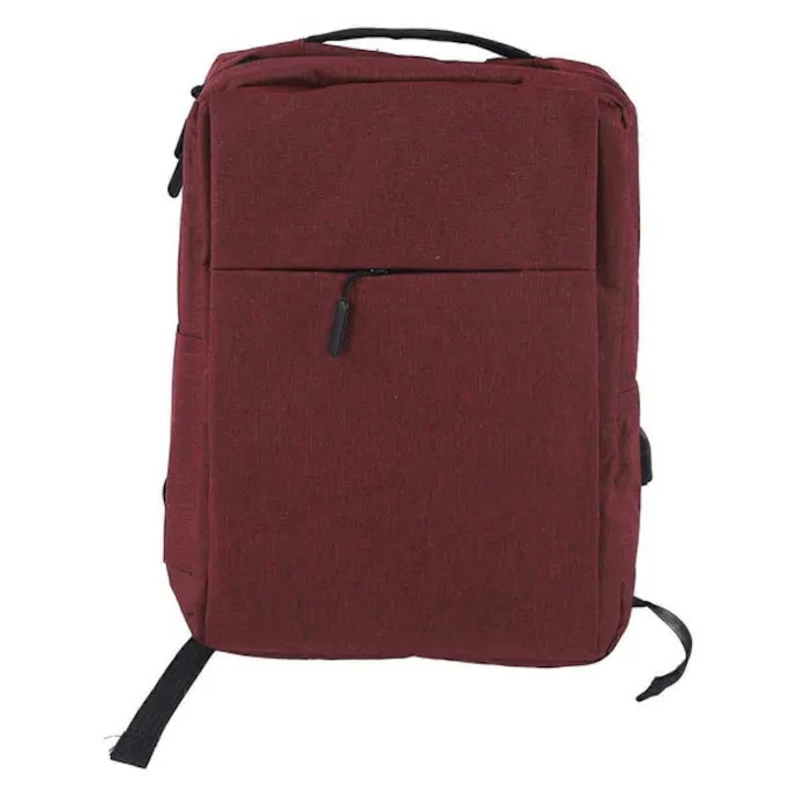 Rucsac pentru laptop din oxford cu port USB, bretele S captusite si buzunar frontal, rosu