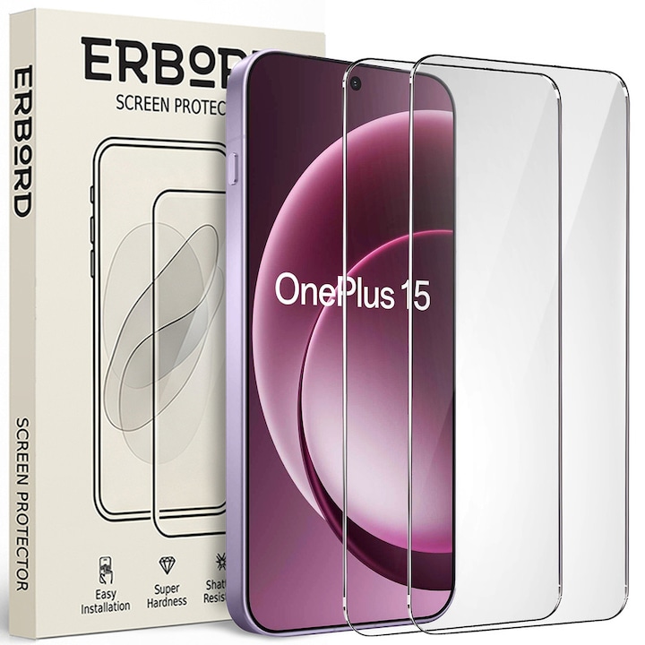 Set 2x Folii de Protectie ERBORD 9H Hard Glass pentru OnePlus 15R, transparent, usor de montat