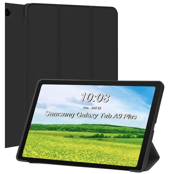 Husa pentru tableta EtuiTab, SAMSUNG GALAXY TAB A9+ PLUS 11 2023 2024, suport triplu pliabil, piele PU, neagra