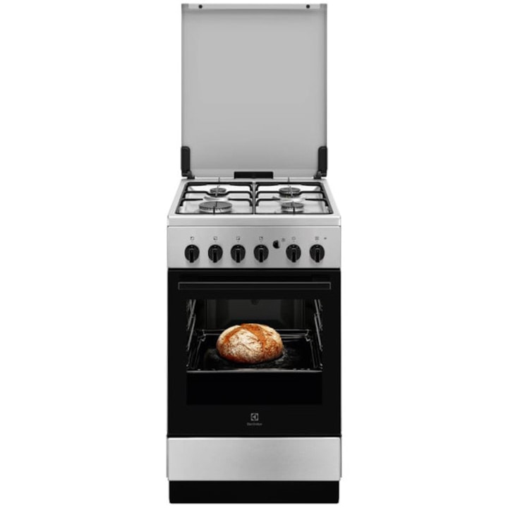 Aragaz Electrolux LKG504015X, Gaz, 4 arzatoare, Capac Metalic. Autocuratare Catalitica, Timer mecanic, Aprindere integrata plita si cuptor, Grill Electric, Iluminare cuptor, 50x60 cm, Siguranta plita+cuptor; Inox