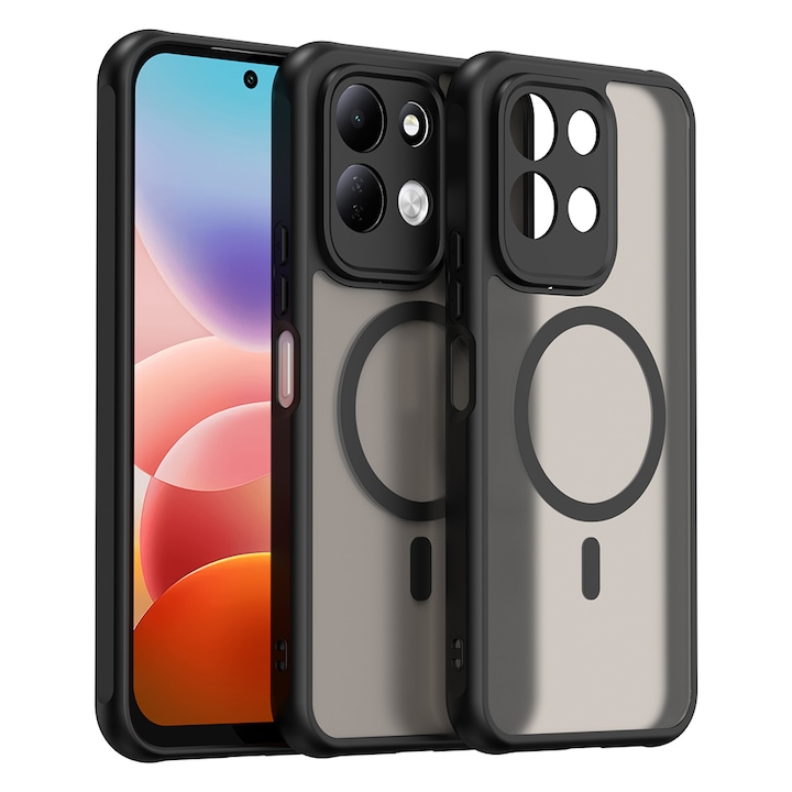 Husa pentru Xiaomi Redmi 17 4G, 5G cu protectie pentru lentile si MagFit EasyCharge, Ghost Series Anti-ingalbenire, frosted - negru